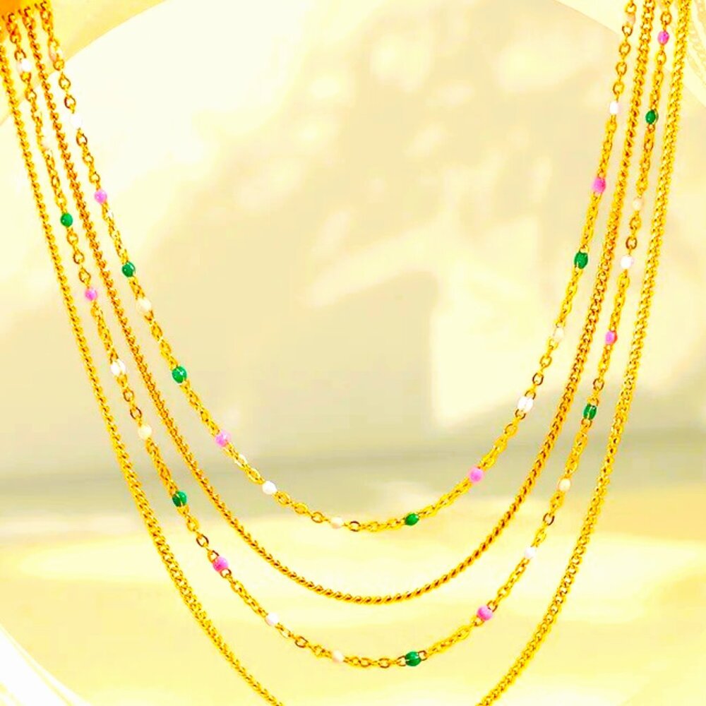 NWT FINE STRANDS GOLD WITH TINY BEADS CHAINS NECKLACE 18K GOLD DIP MULTILAYER
